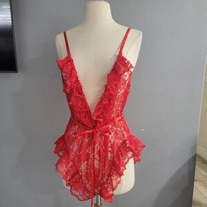 Victoria's Secret Vintage Lace Bodysuit Babydoll Red Set
